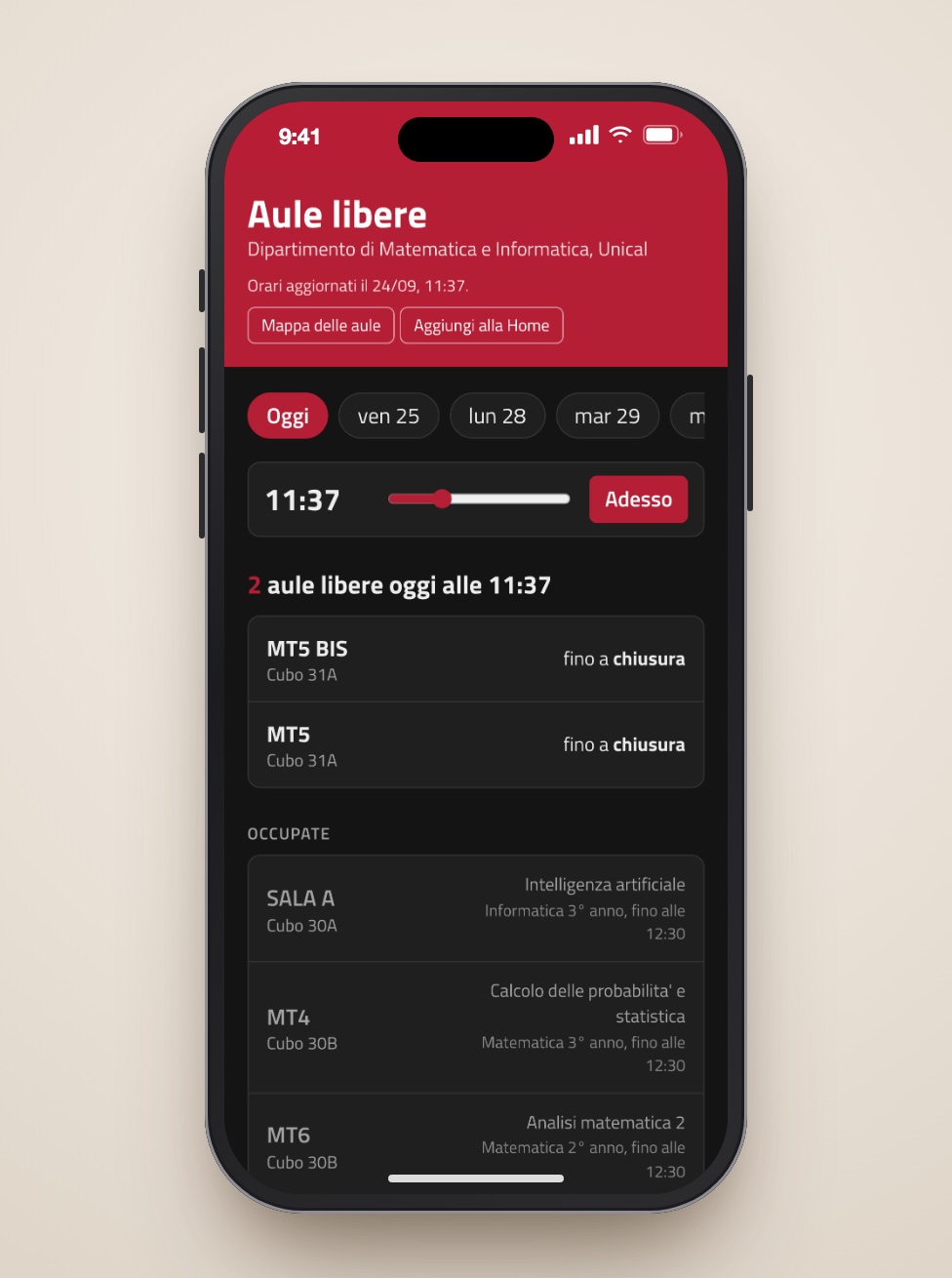 Mockup iPhone della web app Aule Libere