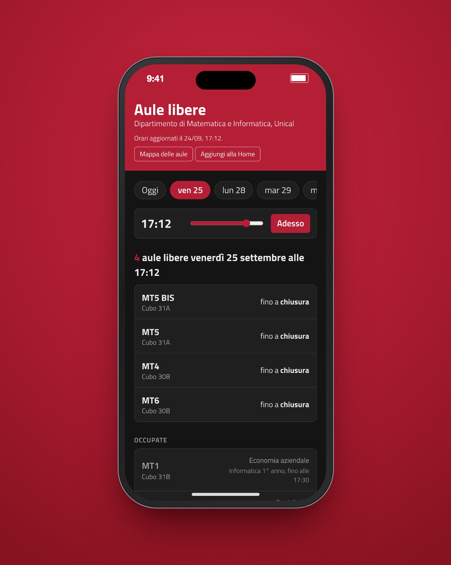 Aule Libere su iPhone con un altro giorno selezionato