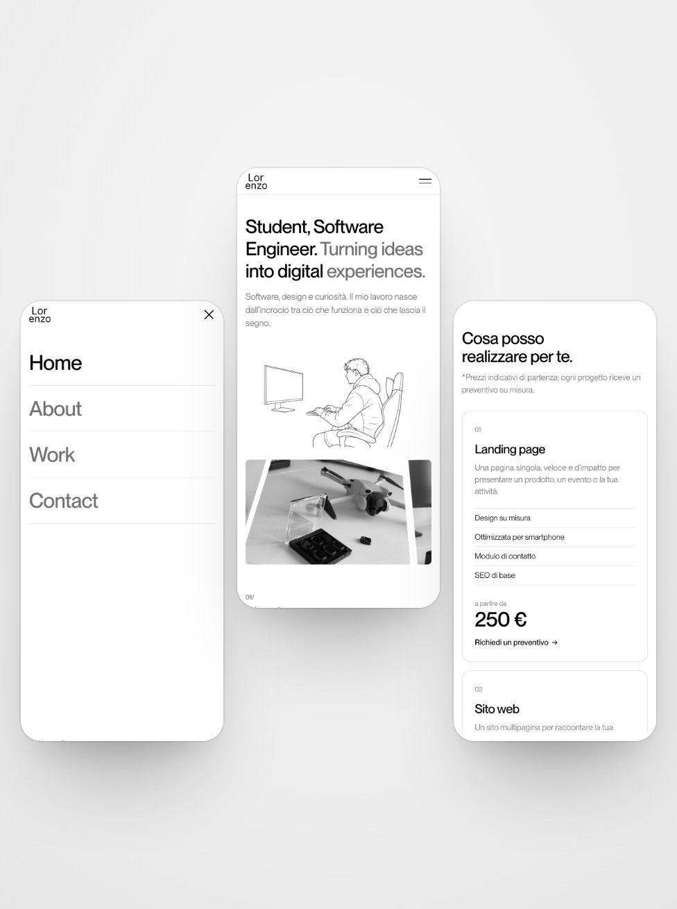 Il portfolio di Lorenzo Iaccino su smartphone: menu, home e prezzi dei servizi