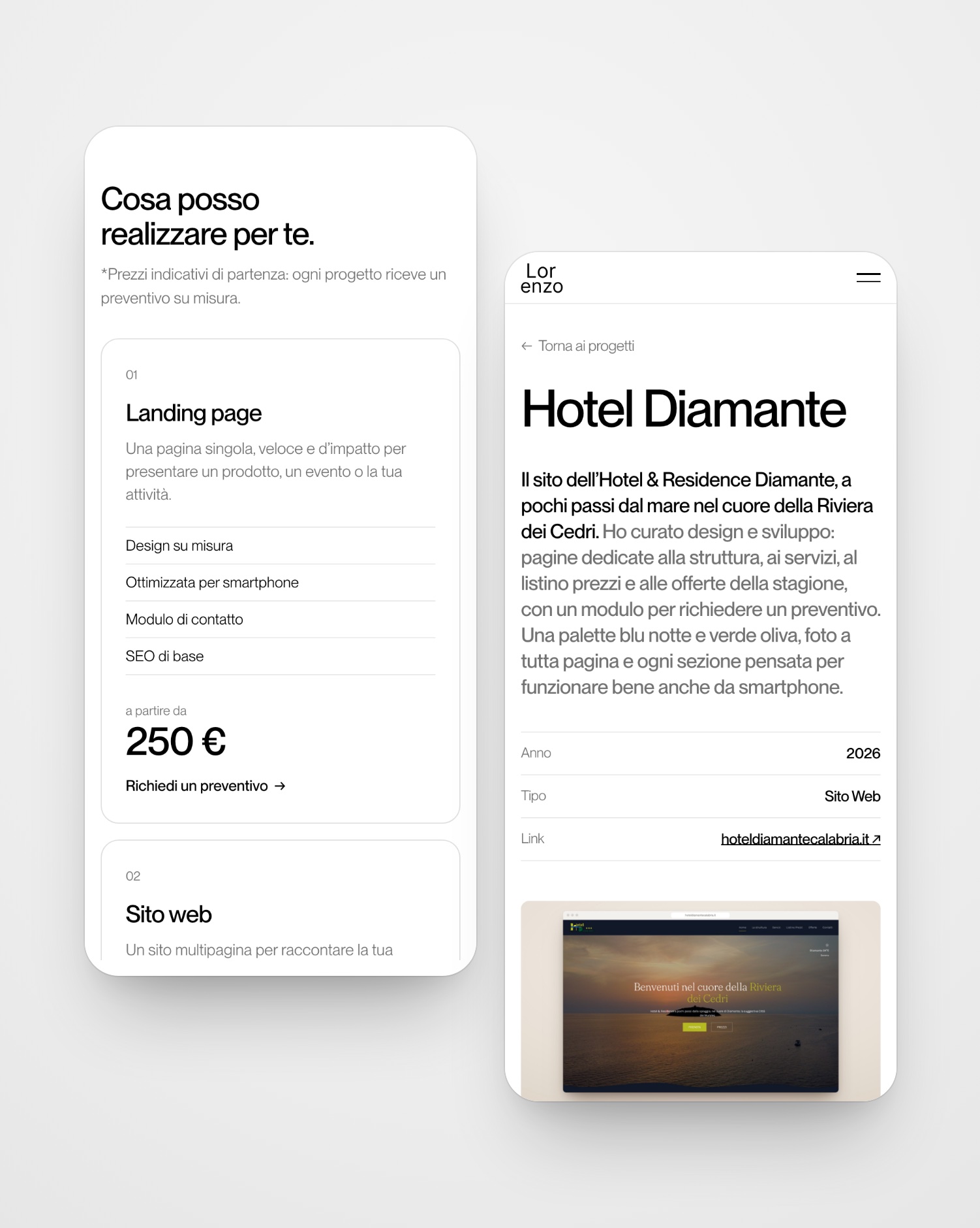 Due schermate mobile: le card dei servizi con i prezzi e la pagina del progetto Hotel Diamante