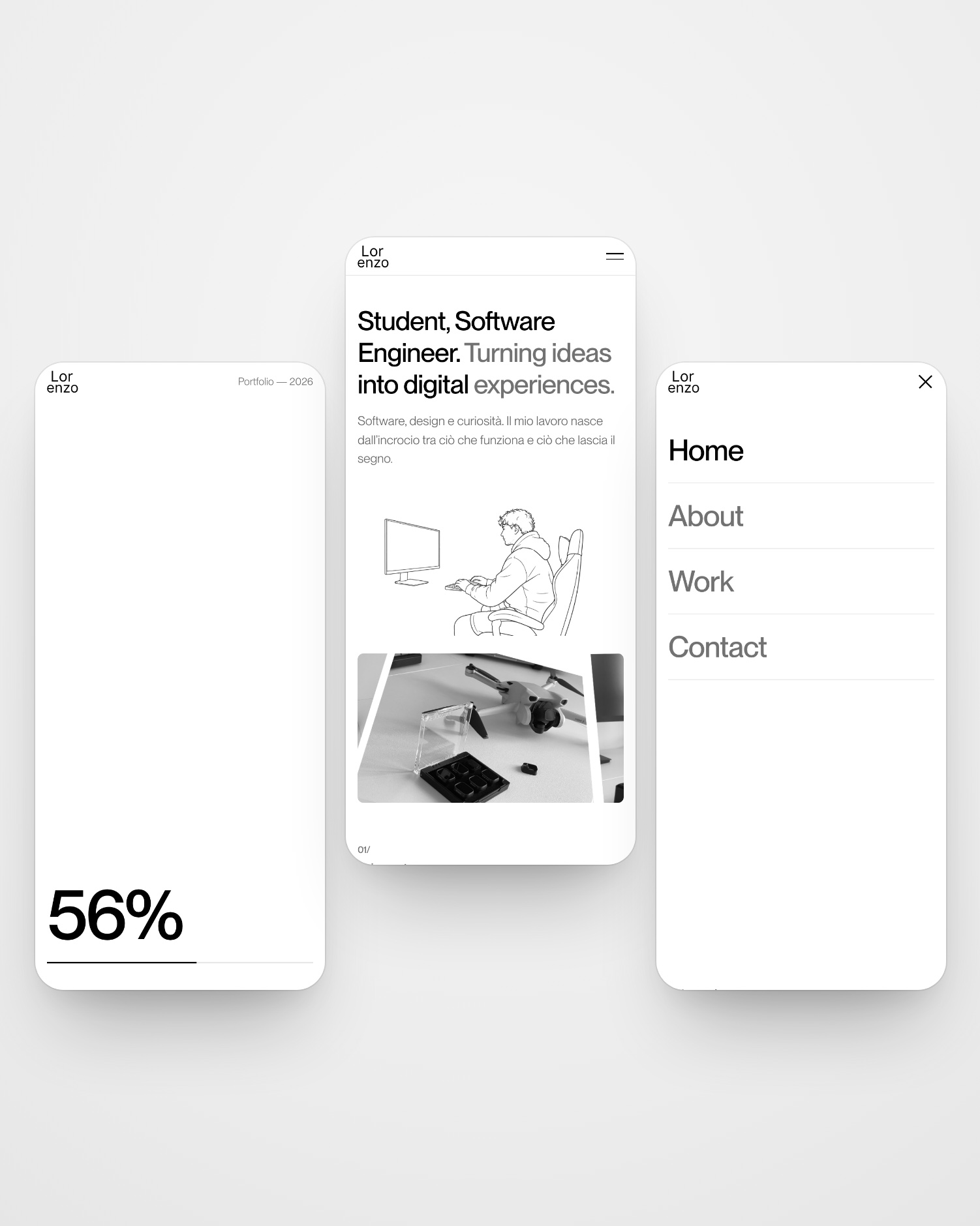 Tre schermate mobile del portfolio: schermata di caricamento, home e menu aperto